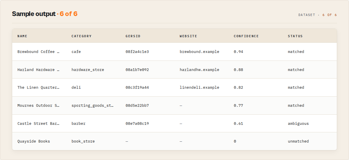 Sample output — matched, ambiguous and unmatched rows side by side