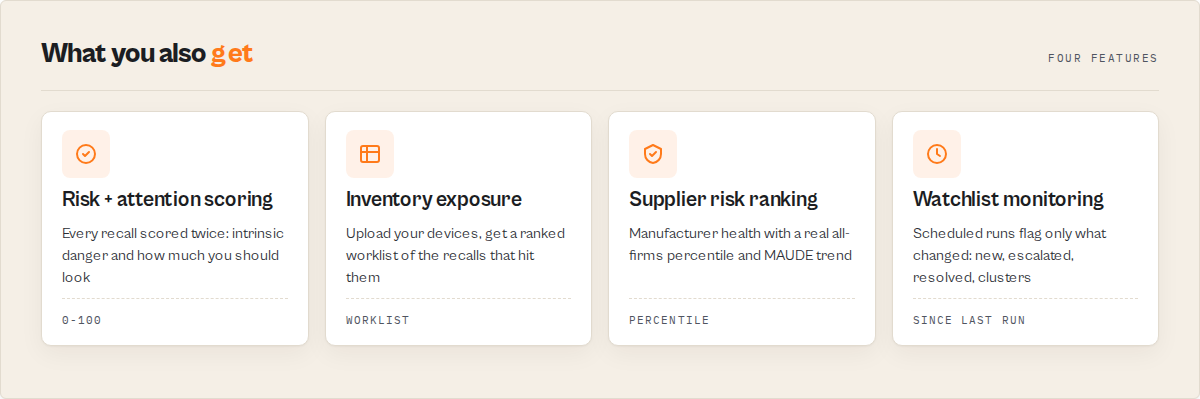What you also get: risk + attention scoring, inventory exposure, supplier risk ranking, watchlist monitoring