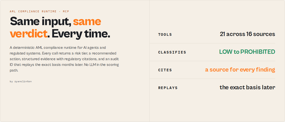 Pay per call $0.08–$0.30. 21 MCP tools. 16 live data sources.