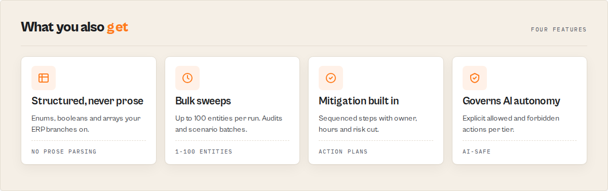 What you also get — 4 standout features: 9 data sources, decision profile per entity, bulk-friendly, audit replay built in